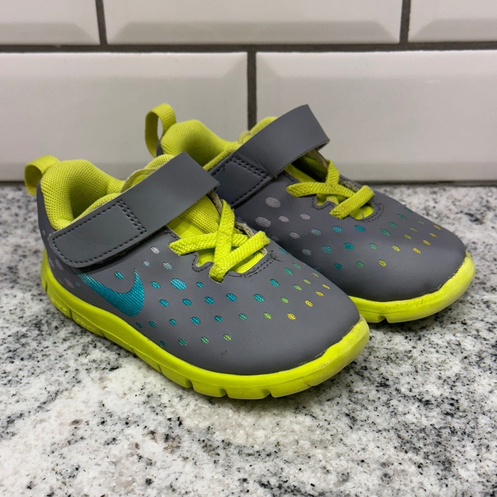Nike Free RN Toddler Shoes Gray Neon Yellow Teal Swoosh Hook Loop Size 7C